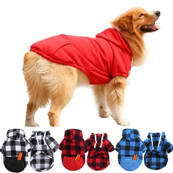 Клетчатая толстовка Big Dog, одежда для собак среднего размера, лабрадор с капюшоном и карманом, зимние теплые костюмы немецкой овчарки