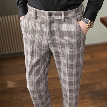 Мужские официальные брюки в Корейском стиле, Мужские Коричневые Классические Клетчатые Костюмные брюки, Мужская Повседневная мужская одежда, Деловые облегающие офисные брюки
