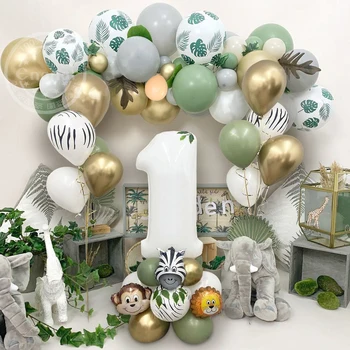 Набор воздушных шаров с номером животного в Джунглях, Ретро-Авокадо, Зеленый, Золотой Металлик, Латексный воздушный шар, Украшение для детского душа в честь Дня рождения 1 Года