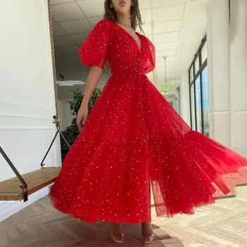 Тонкое Блестящее Звездное Тюлевое Красное Платье для Выпускного Вечера с Разрезом по Ногам До Половины Рукава, Сексуальное Вечернее Платье Чайной Длины С Глубоким V-образным Вырезом, Robe De Soiree 2021