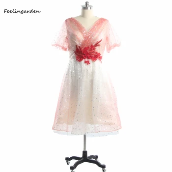 Платье для выпускного Вечера Feelingarden, Розовое Тюлевое Платье с V-образным вырезом и Короткими рукавами, Аппликации, Блестящие складки, Молния сзади, Чайная длина, Большие размеры, Вечерние Платья E761