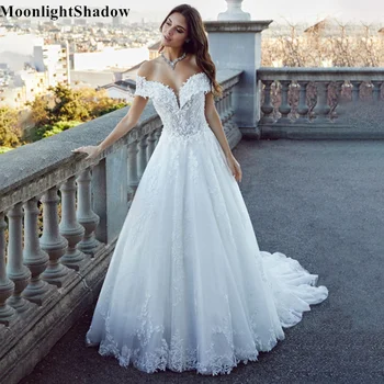 Свадебное платье MoonlightShadow С открытыми плечами, Свадебные платья с V-образным вырезом, Кружевные Аппликации, Трапециевидное Платье Длиной до пола, Vestido De Novia