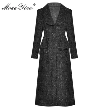MoaaYina/ Модная дизайнерская ветровка из шерстяной ткани, осеннее женское однобортное пальто с длинным рукавом, расшитое бисером