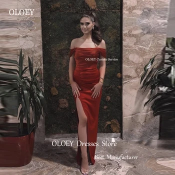 OLOEY/ Пикантные вечерние платья из темно-красного атласа с открытыми плечами, рукава с разрезом, складки, платья для выпускного вечера, официальное праздничное платье