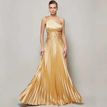 Золотое вечернее платье на одно плечо с аппликацией, без рукавов, Трапециевидная складка, Женские вечерние платья длиной до пола, сексуальные платья с открытой спиной
