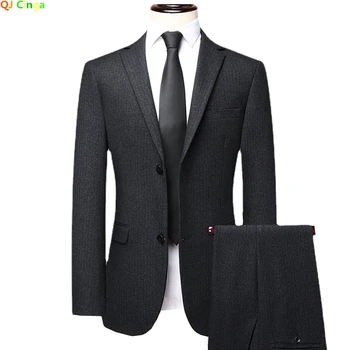 (Куртка + брюки) Костюм в черную полоску из двух предметов, мужские модные приталенные пальто и брюки, серый клетчатый блейзер, комплекты брюк
