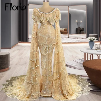 Два дизайна, вечернее платье с блестками цвета шампанского, рукав-накидка, Дубай 2023, Роскошные платья для свадебной вечеринки, Вечернее платье большого размера