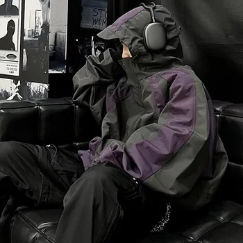 Стиль High Street Vibe, Фиолетовая Куртка в стиле пэчворк Для Мужчин И Женщин, 1:1, Высококачественные Водонепроницаемые Ветрозащитные Куртки с капюшоном на молнии, 2023