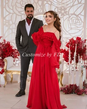 FDY Store Платья для выпускного вечера с длинным рукавом, Красный Шифон, V-образный вырез, Дубай, Арабские Женские Вечерние Платья, платье для свадебной вечеринки