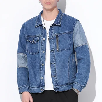 Модная джинсовая куртка в стиле пэчворк, Мужская Повседневная Свободная синяя куртка-карго, Мужская куртка, Японская уличная джинсовая куртка, уличный бренд