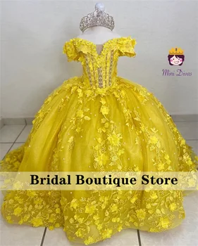 Новое Дизайнерское Желтое платье в цветочек для девочек, бальное платье Принцессы с открытыми плечами, Аппликация, Кристаллы, Бусины, Фотосессия для Первого Причастия