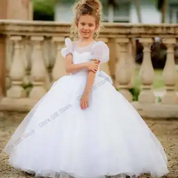 Первое Причастие, Крещение, Белые платья с цветочным узором для девочек, блестящий тюль, платья Принцессы на День Рождения, свадебные платья для девочек