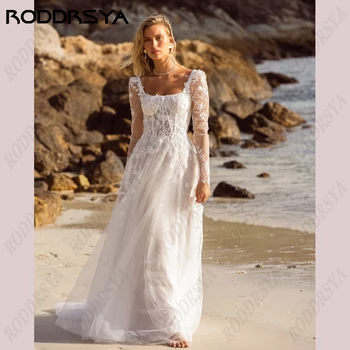 RODDRSYA Свадебное платье Трапециевидной формы в стиле Бохо Для женщин, Элегантное Пляжное Свадебное платье с Квадратным воротником, с открытой спиной, с длинным рукавом, Тюлевый Халат De Marié