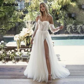 Booma Свадебные платья в стиле Бохо с открытыми плечами 2022, Кружевные платья Невесты с высоким разрезом, Плиссированные Пляжные платья из Тюля