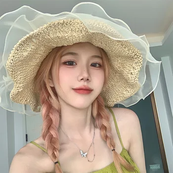 Женская кружевная соломенная шляпа с большими полями для летнего отдыха на море, Пляжная солнцезащитная шляпа