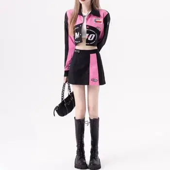 Уличная одежда Y2K American Hot Girl, Локомотив, контрастная расцветка, панк-готический весенне-осенний мини-короткий жакет с вышивкой, топ