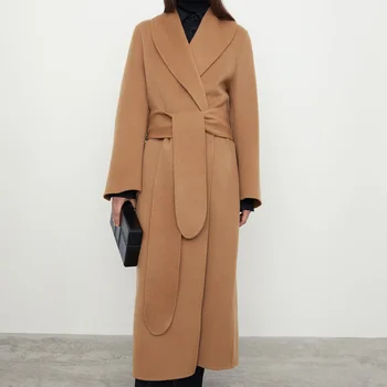 2023 Повседневное Двустороннее шерстяное пальто с поясом, Длинное шерстяное пальто для женщин