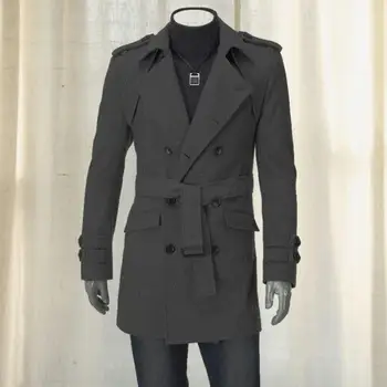 Мужской тренч средней длины, стильный мужской двубортный тренч, классическая куртка средней длины с отворотом и поясом на осень-зиму