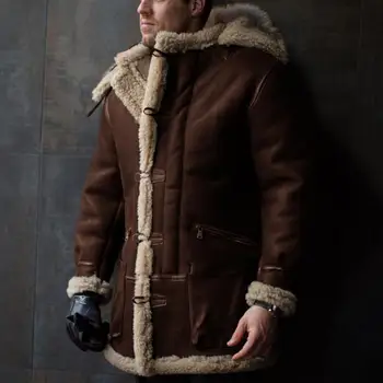 Мужская зимняя куртка с капюшоном в стиле ретро, однобортное пальто с лацканами и пуговицами, теплое пальто из искусственной шерсти с карманами