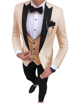 2021 Бежевый мужской костюм из 3 предметов, приталенный Повседневный Черный Смокинг Жениха с лацканами, Мужские костюмы для Свадьбы (куртка + жилет + Брюки), Костюм Homme