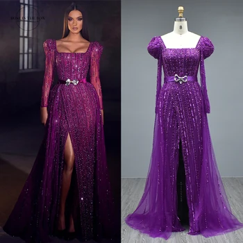 Роскошные Вечерние платья из бисера в Дубае для женщин, Свадьба 2023, Элегантная верхняя юбка с квадратным вырезом и длинным рукавом, арабские вечерние платья